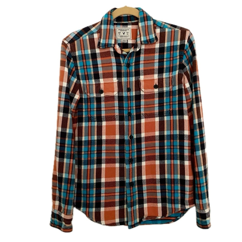 American Eagle‎ Outfitters Plaid Flannel Button Up Shirt Shacket Orange Blue XS